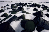 Oil drums discarded by U.S. military on the Melville Peninsula, Nunavut, Canada. 1992