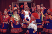 Congratulations after the marriage of a Sami couple at Kautokeino Church. Finnmark, Norway. 1985