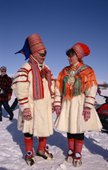 Sami couple wearing traditional clothes at Easter Reindeer races. Kautokeino. Norway. 1996