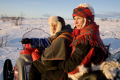 Saami reindeer herder, Nils Peder Gaup, & his wife Inge Ellen, out checking their reindeer at their winter pastures on the tundra near Kautokeino. 2007