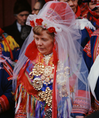 Sami bride in all her finery and traditional jewelry at her wedding. Kautokeino. Norway. 1972