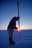 Polar Inuit waits with his harpoon at a seal breathing hole in the sea ice, sunset. Northwest Greenland. 1980