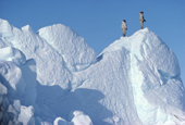 Inuit hunters in furs, climb an iceberg to scan sea-ice for game, whilst on a hunting trip. N.W. Greenland. 1980