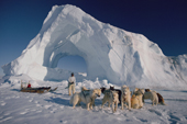 An Inuit hunter untangles the traces of his dog team infront of an iceberg. Savissivik, N.W. Greenland. 1997