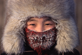 Lena Potapova frosted up at minus 52 degrees Celsius in the winter at Verkhoyansk. Yakutia, Siberia, Russia. 1999