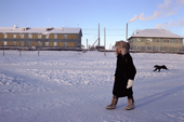 Lena Potapova walks to school in Verkhoyansk at minus 52 degrees Celsius. Yakutia, Siberia, Russia. 1999