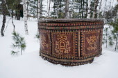 A Khanty woman's sewing basket (circa 1970) made by Agaphia Sardakova from the village of Variegar. It is made from birch bark and wood and decorated with a traditional Khanty design. Khanty Mansiysk, Siberia, Russia
