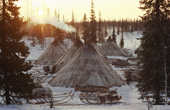 Sun rises behind reindeer skin tents at a winter camp of a group of Nenets herders. Yamal. Siberia. 1993